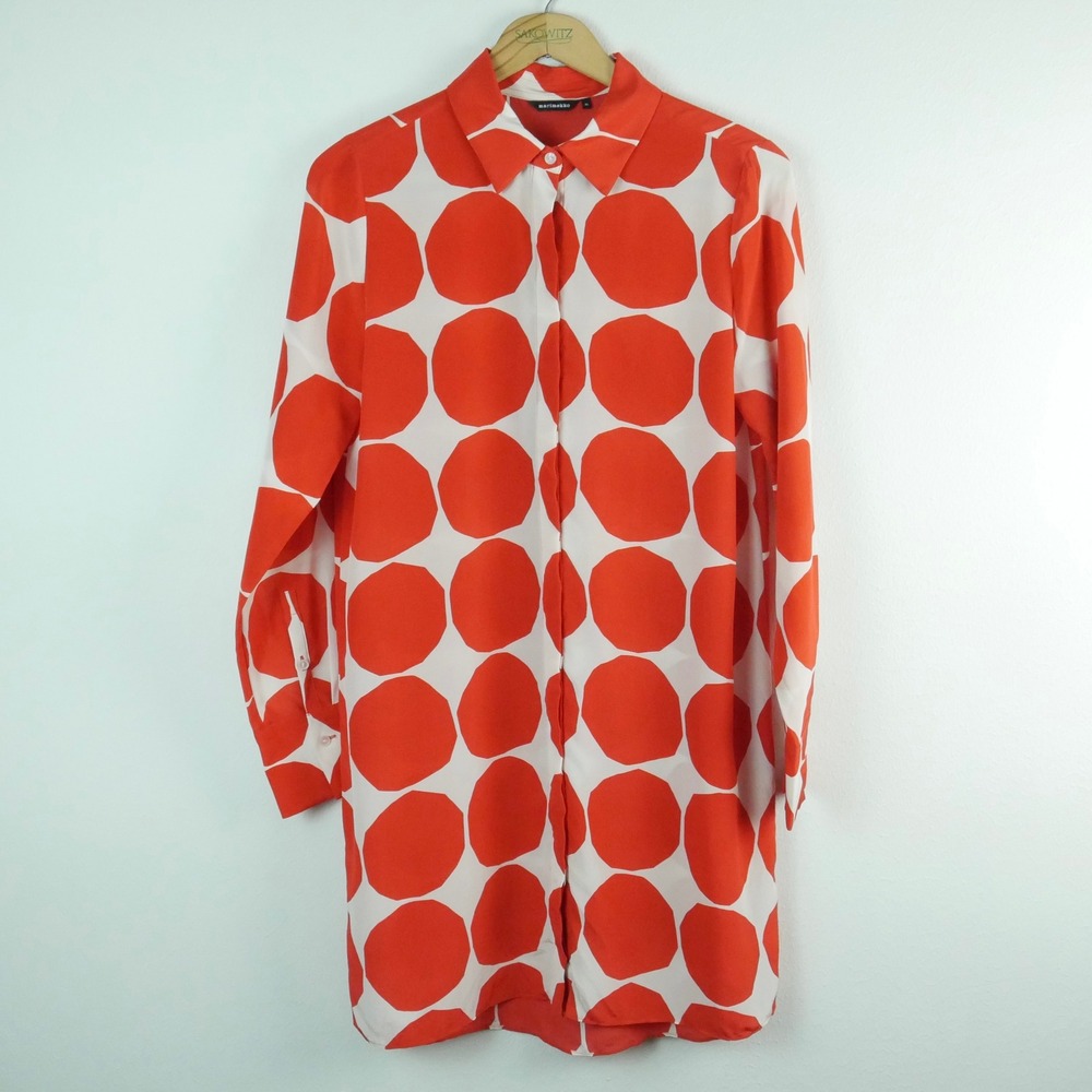 Marimekko Tyyri Pienet Kivet Orange White Silk Polka Dot Tunic XS 34 Scandi